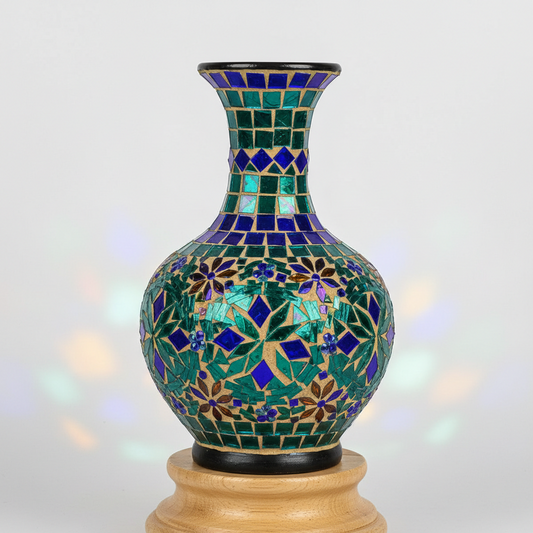 Colorful Mosaic Glass Decorative Vase – Teal & Cobalt Blue