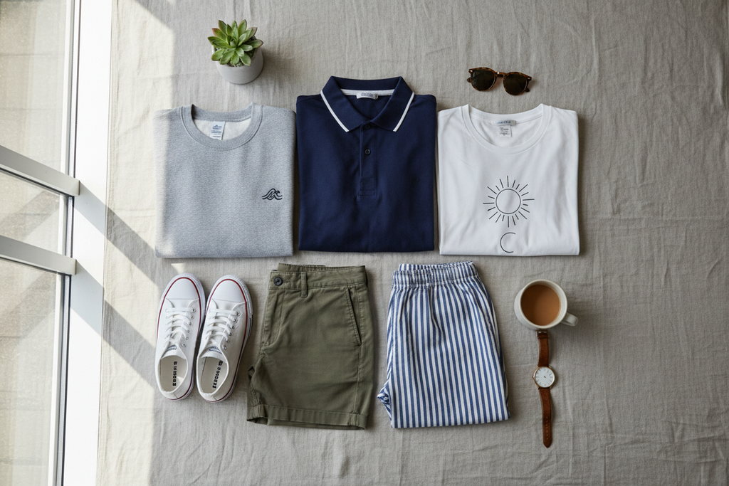 Premium garments collection flat lay including polo shirt, sweatshirt, t-shirt, shorts and pyjama