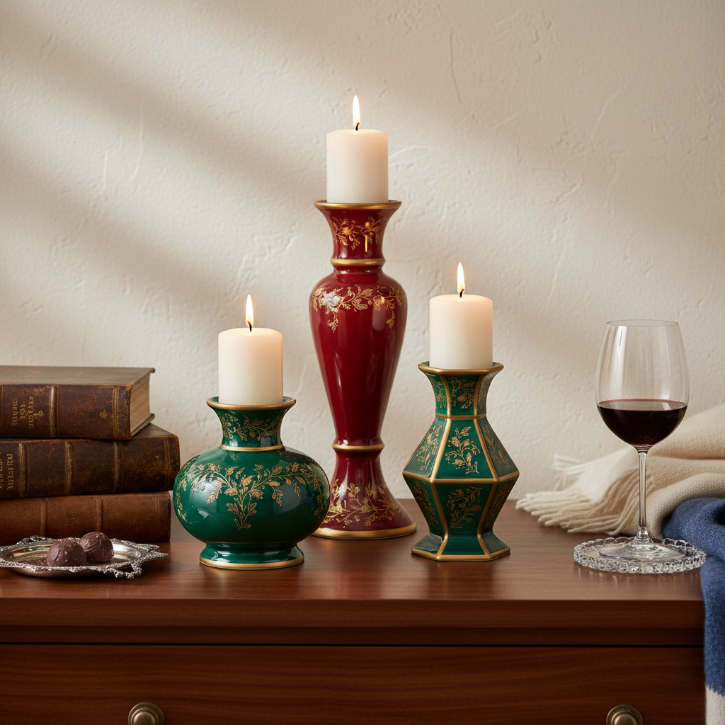 Hand-painted ruby red and emerald green ceramic candle holder set with warm candlelight