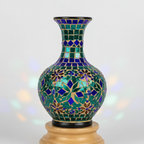 Vibrant teal and cobalt blue mosaic glass decorative vase, artisan crafted