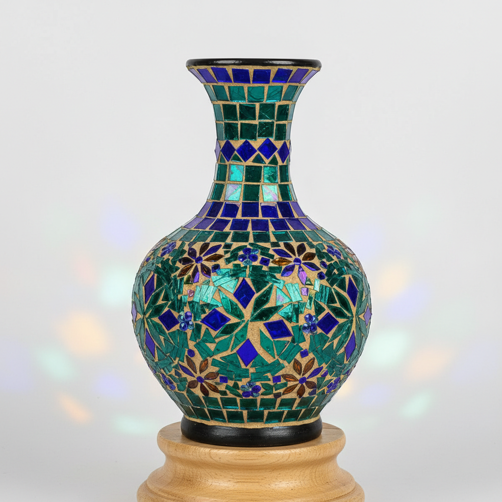 Vibrant teal and cobalt blue mosaic glass decorative vase, artisan crafted