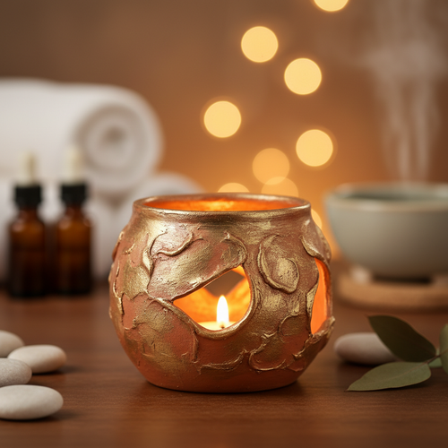Handcrafted amber and gold terracotta candle holder with warm candlelight glow