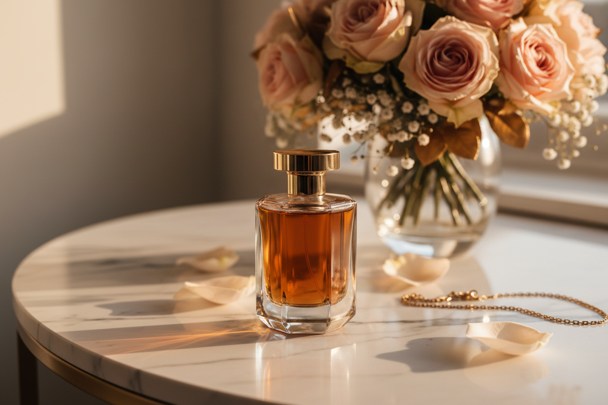 Luxury perfume bottle on marble vanity with golden hour lighting