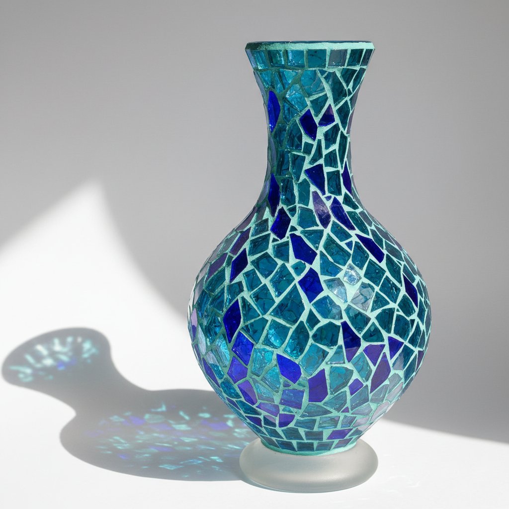 Colorful Mosaic Glass Decorative Vase – Teal & Cobalt Blue
